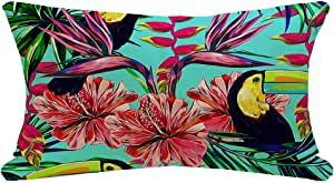Decorative Throw Lumbar Pillow Cover Linen Paradise Toucan Exotic Birds Pink Botanical Tropical Romantic Hibiscus Flowers Palm Nature Jungle Cushion Cover for Sofa Couch Bed Living Room 12x20 Inch added by Spoak Member