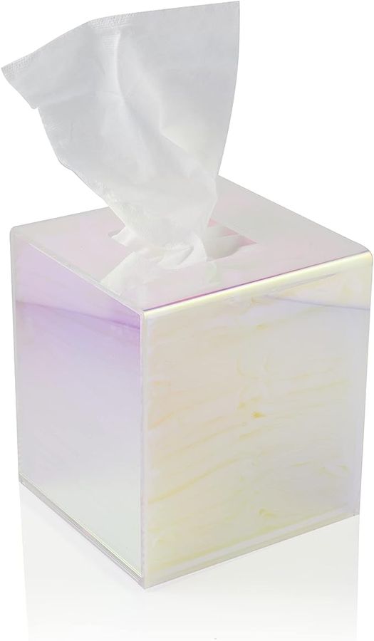 Acrylic Tissue Box Holder, Clear Tissue Box Dispenser for Facial Tissue, Napkins, Dryer Sheets. Perfect Cover for Bathroom, Desks, Countertops, Vanity, Bedroom, Night Stands (Square, Iridescent) added by Sarah Jackson