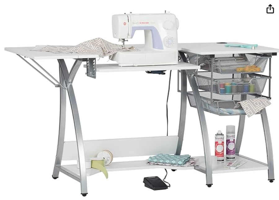 Sew Ready Pro Stitch Sewing Machine Table - 56.75" W x 23.75" D White Hobby and Sewing Machine Table with Storage Shelf and 3 Storage Drawers - Can Also Be Used as Computer Desk added by Victoria LoVerde