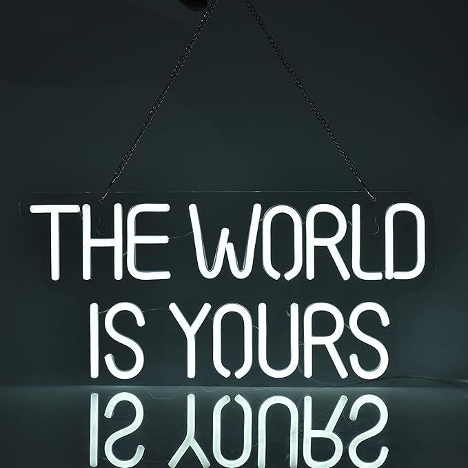 17" by 8" inch LED Neon White The World is Yours Dimmable Light Switch Wall Sign for Cool Light, Wall Art, Bedroom Decorations, Home Accessories, Party, and Holiday Decor added by mony 44