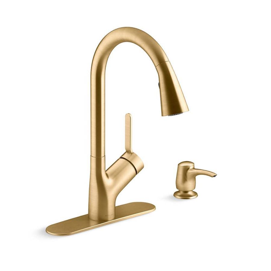 KOHLER Setra Single-Handle Pull-Down Sprayer Kitchen Faucet in Vibrant Brushed Moderne Brass K-R22897-SD-2MB - The Home Depot added by Fabled Island