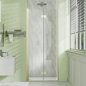 Sunrosa Frameless Bifold Glass Shower Door, 36" W x 72" H Pivot Swing Shower Door, Folding Shower Door in Brushed Gold, Left Side Installation added by Dre Lee