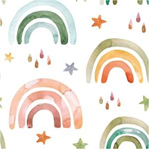 HAOKHOME 99027 Peel and Stick Wallpaper Cute Rainbow Raindrop Stars White/Orange/Green Removable for Nursery Kids Bedroom Decor 7.7in x 118in added by Bethany Ribo