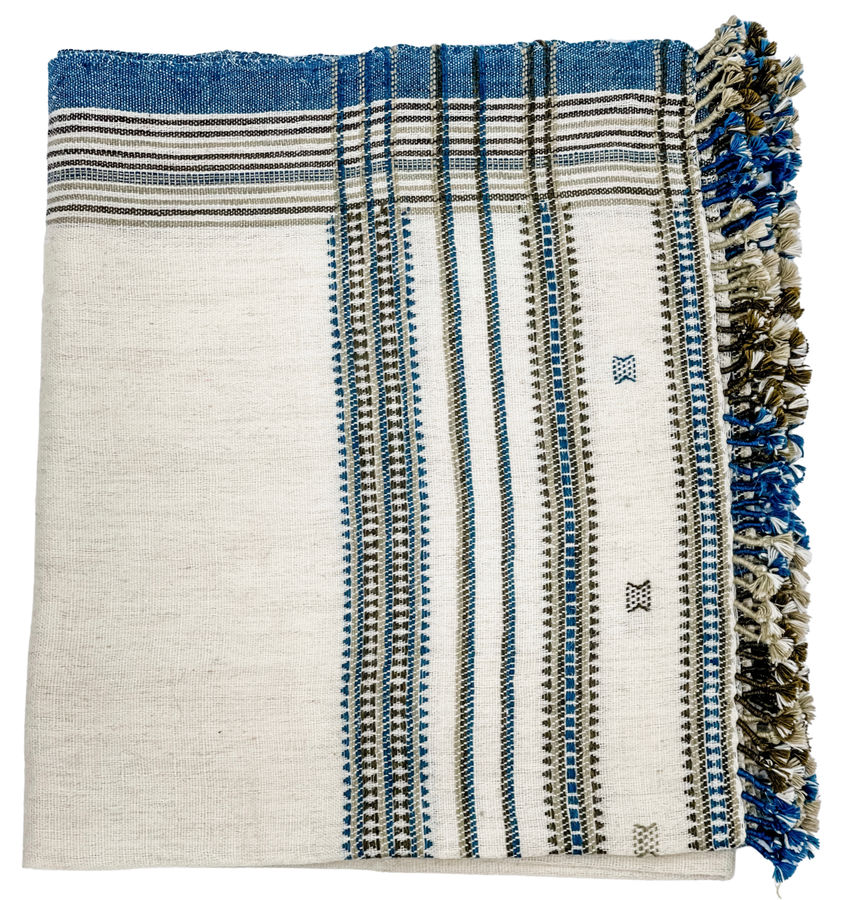 CREAM WHITE WITH BLUE AND BROWN INDIAN WOOL BLANKET added by Modern Naturals Design Studio