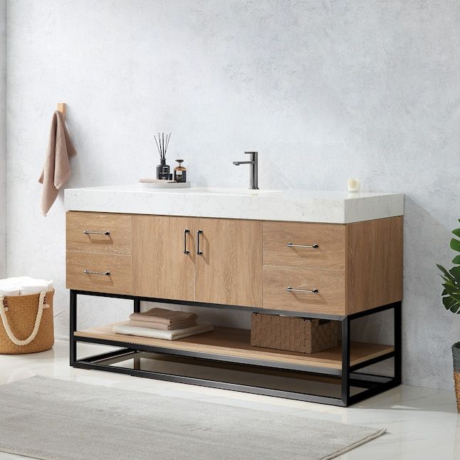 Vinnova Alistair 60-in White Stone Top Oak Single Vanity Black Frame with Sink No Mirror added by Leslie Burns