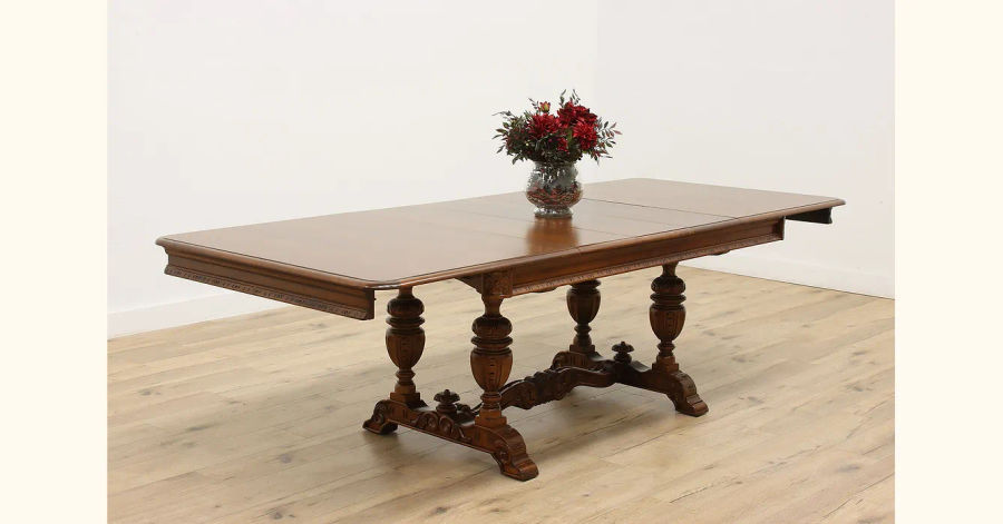 Tudor Design Antique Carved Dining Table, 3 Leaves, Batik #48576 added by Serena Finnerty