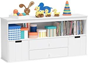 Timy Toy Storage Organizer with 2 Drawers, Wooden Toy Organizer Bins, Kids Bookshelf for Reading, Storing, Playing, White added by Madeline Wood