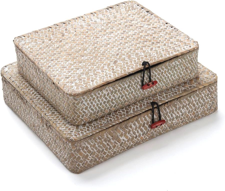 DECRAFTS Whitewash Seagrass Basket with Lid Rectangular Decorative Storage Boxes for Shelf Organize Snack Toys Set of 2 (Large+Small) added by KATHERINE ECK