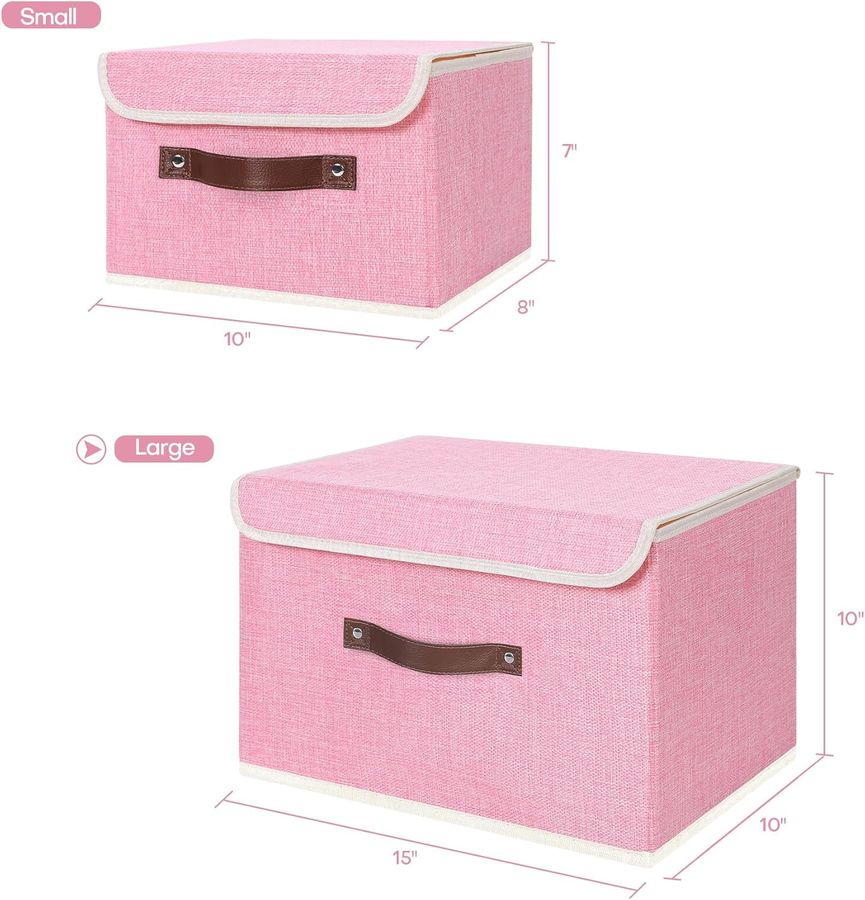 ANMINY Storage Bin with Lid Storage Boxes with PU Leather Handles PP Plastic Board Decorative Foldable Lidded Cotton Linen Fabric Home Cubes Baskets Closet Organizer Container - Pink, Large Size added by Jessica Koczwara