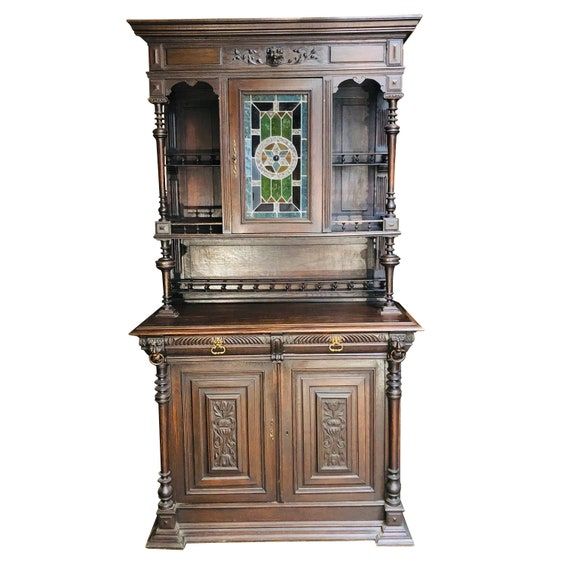Antique Sideboard Antique Cabinet Carved Oak Cabinet Leaded - Etsy Israel added by Nichole Hill