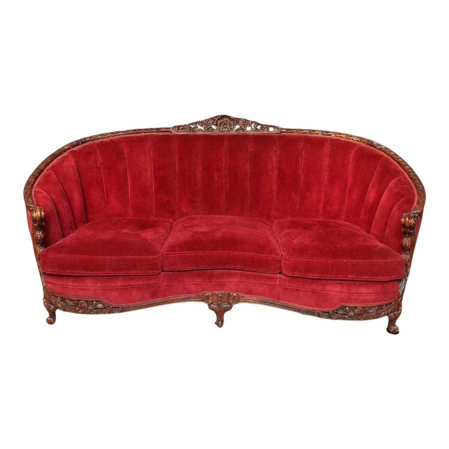 French Rococo Carved Walnut Mahogany Red Velvet Settee Sofa added by Suga Lane / ABBY ESSIE STUDIOS