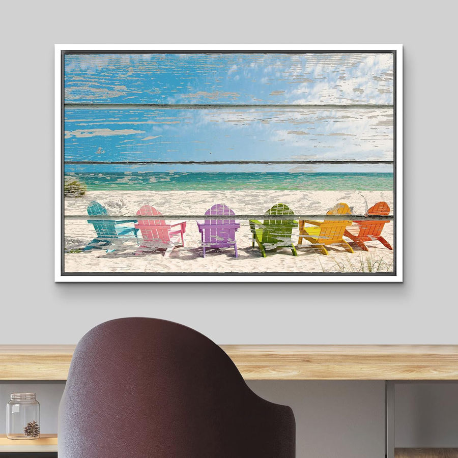 IDEA4WALL Coastal Beach Colorful Beach Chairs on White Soft Sand - Wrapped Canvas Graphic Art Print & Reviews | Wayfair added by Hannah McKernan