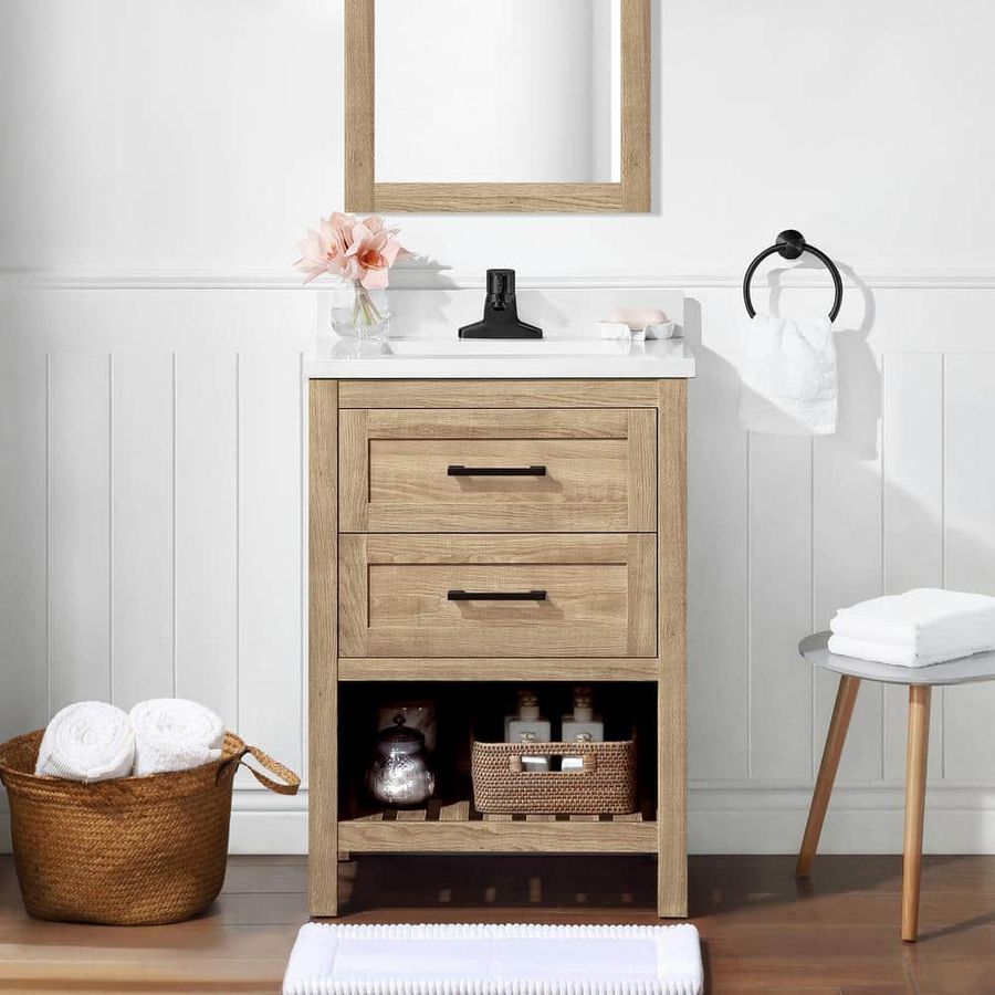 Home Decorators Collection Autumn 24 in. Single Sink Weathered Tan Bath Vanity with White Engineered Stone Top (Assembled) Autumn 24WT - The Home Depot added by Heather Hamel