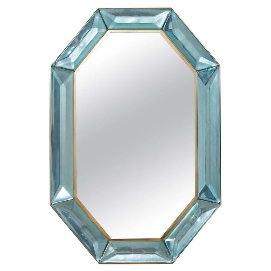 Bespoke Octagonal Tiffany Blue Murano Glass and Brass Mirror, in Stock added by Molly Gaddy