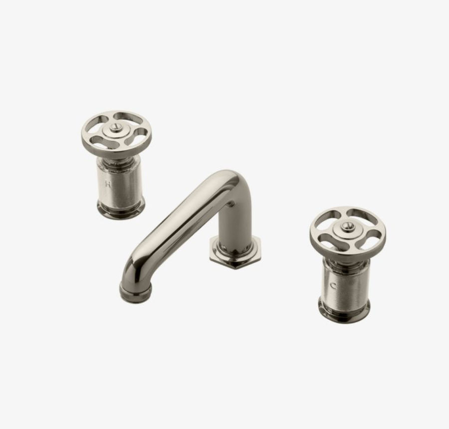 R.W. Atlas Low Profile Three Hole Deck Mounted Lavatory Faucet with Metal Wheel Handles added by Melissa Genest