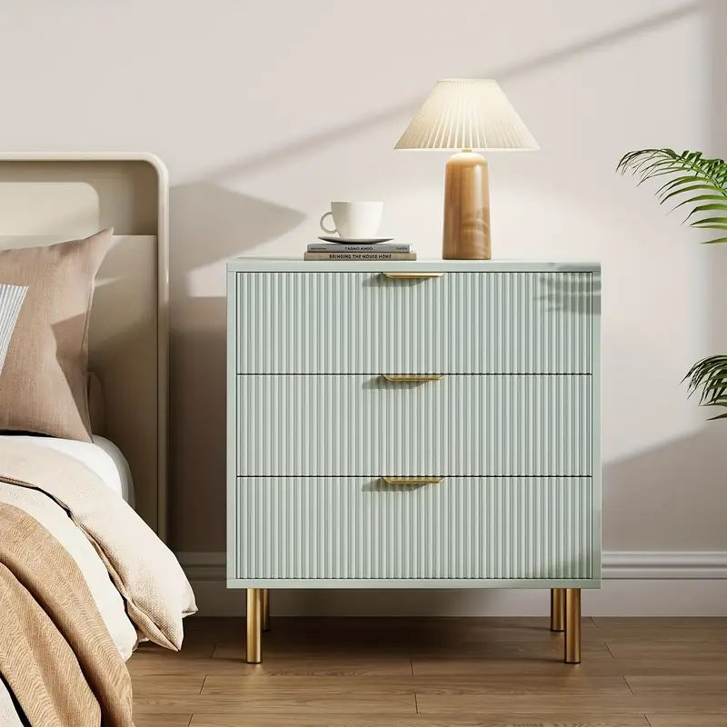 3 Drawer Dresser For Bedroom, 30" Tall Modern Chest Of Drawers With Golden Metal Handles & Anti-Tipping Device, Fluted Wooden Dresser Organizer For Living Room, Hallway, Kids Room added by Sarah Jackson
