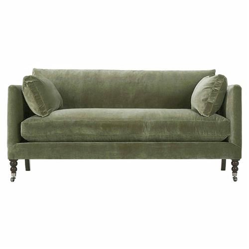 Madeline French Green Upholstered Brown Wood Brass Casters Sofa - 71"W added by Sidney Amsdill