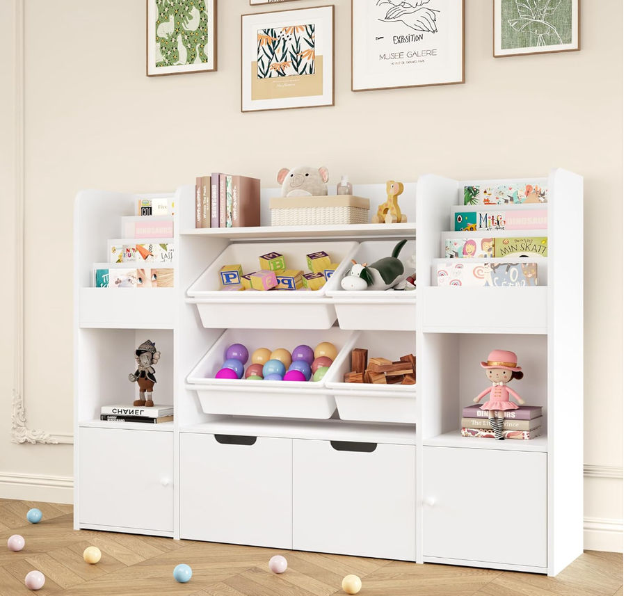 FINETONES 50'' Large Toy Storage Organizer with 4 Toy Bins, Toy Organizers and Storage with 6 Storage Cubbies and 2 Movable Drawers, Bookshelf for Kids, Playroom Organization and Storage Bins, White added by Emily Cohen