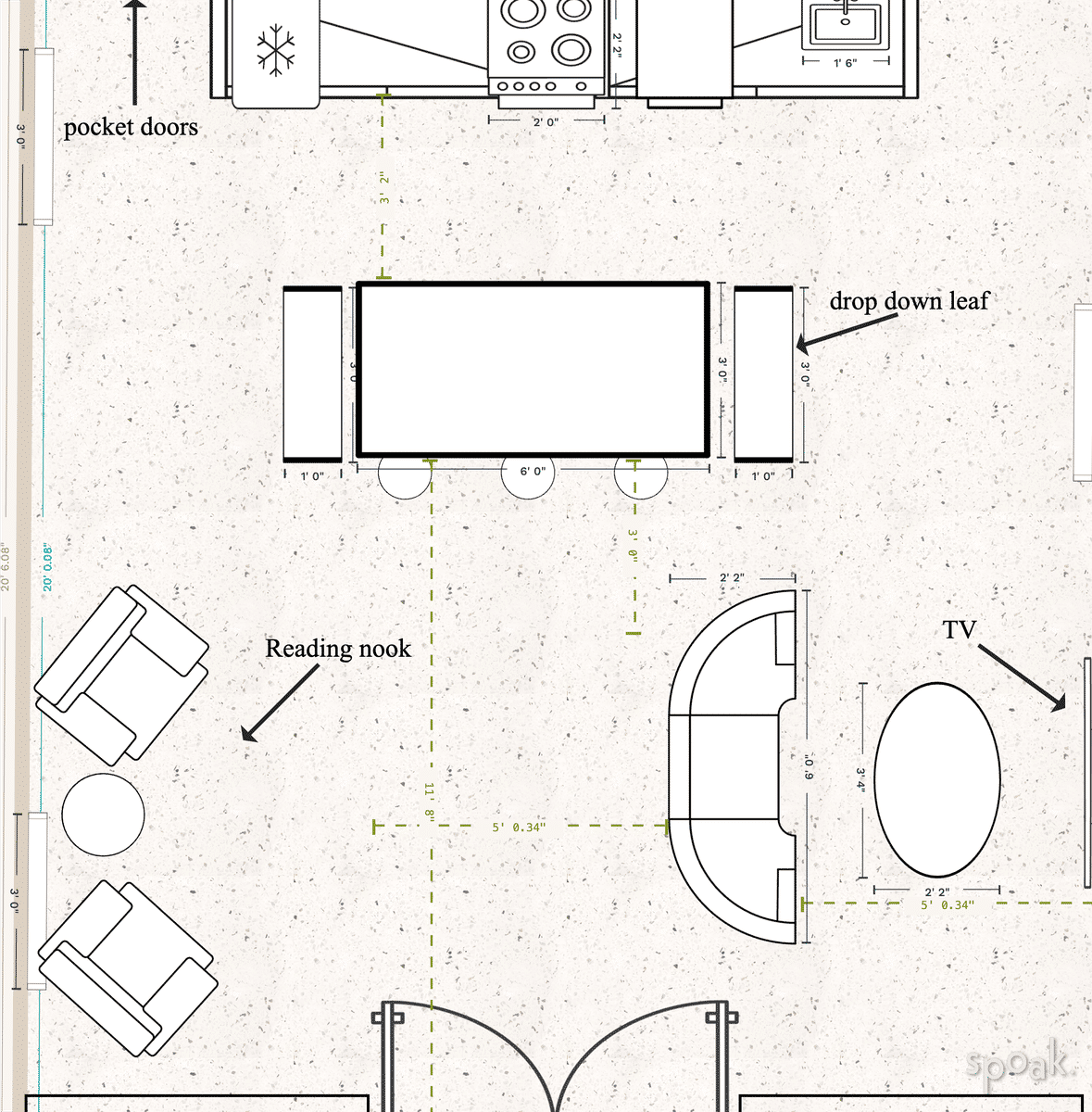 Kitchen + Living Room Floor Plan designed by Tyanna Veltman