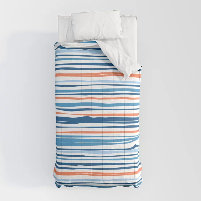 Modern Abstract Ocean Wave Stripes in Classic Blues and Orange Comforter by 19Monkeys | Society6 added by HELEN SALGADO
