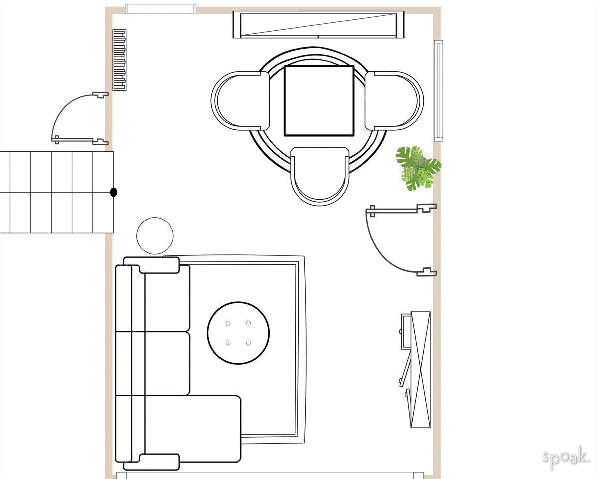 Rectanglar TV Room Floor Plan designed by KATHERINE ECK