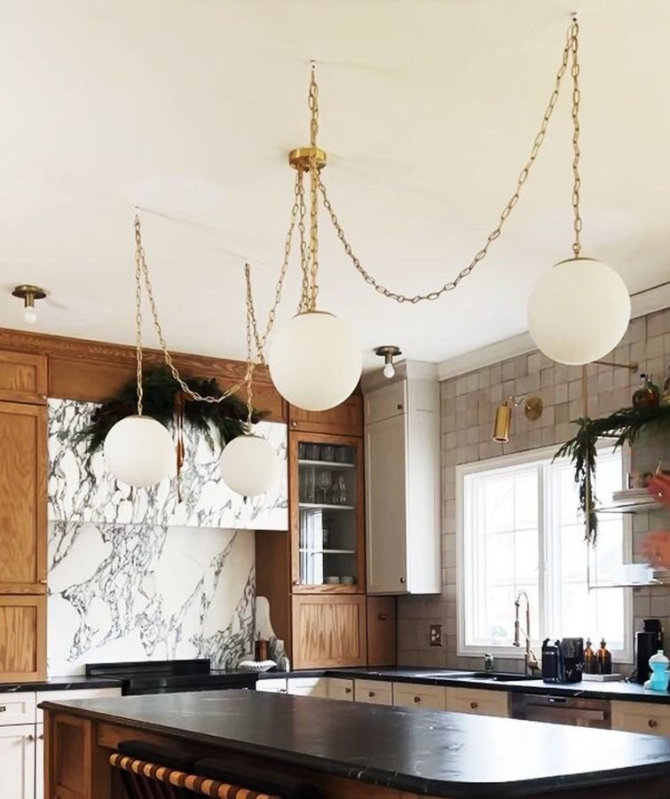 Brass Chain Swag Chandelier With White Glass Globe Shades - Modern Kitchen Pendant Chandelier - Satin White Opal Neckless Globes - 5 Light - Etsy added by Kate McKay Designs