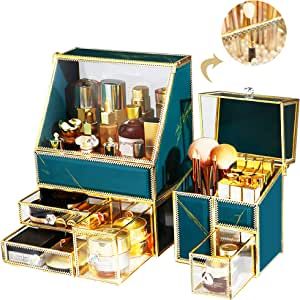 Makeup organizer 3 Pieces Luxury Vintage Emerald Green Tempered Glass Series Dust Waterproof Cosmetics Storage Display Case Countertop for Brushes Lipsticks Jewelry Storage Box , free pearls.… added by Spoak Member