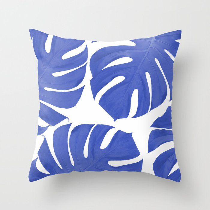 Blue Monstera Leaves White Background - Blue and White #decor #society6 #buyart Throw Pillow by Pivi Vikstrm added by Amanda Manganaro