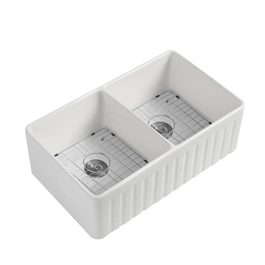 JimsMaison White Fireclay 33 in. Double Bowl Farmhouse Apron Kitchen Sink with Bottom Grid JMWAKS23-3320 - The Home Depot added by MISSY PITT