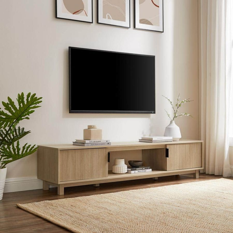 Welwick Designs 70 in. Coastal Oak Wood Mid-Century Modern TV Stand with 2 Reeded Doors Fits TVs up to 80 in. HD9730 - The Home Depot added by Ericka Mills