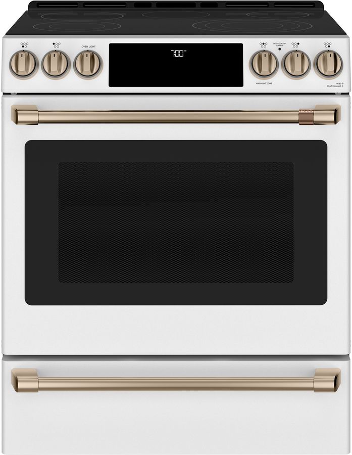 Cafe CES700P4MW2 30 Inch Slide-In Electric Smart Range with 5 Radiant Elements, 5.7 Cu. Ft. Oven Capacity, Warming Drawer, Steam Clean, Self-Clean, True European Convection, Enhanced Shabbos Mode Capable, UL Listed, and ADA Compliant: Matte White added by Alyson Beermann