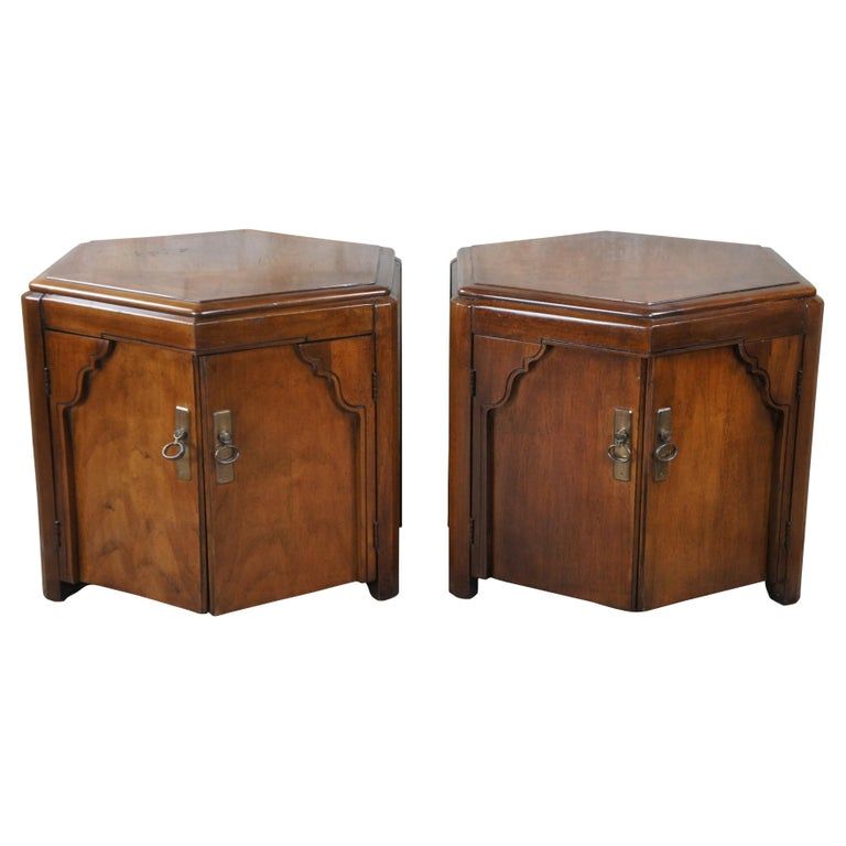 Lane Furniture Mid Century Walnut Chinoiserie Hexagon Drum Tables Side Cabinets added by Danyale McCurdy-McKinnon, PhD
