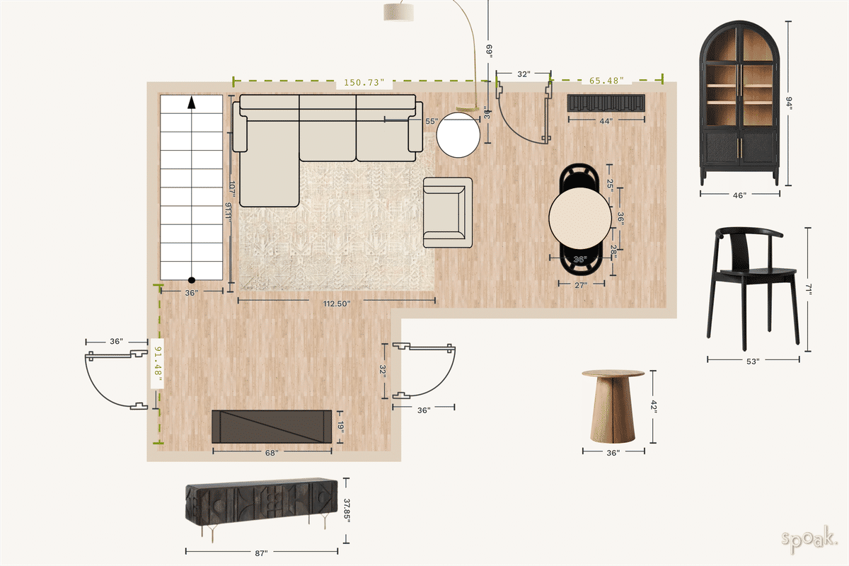Large L-Shaped Family Room Plan designed by Elizabeth Peterson