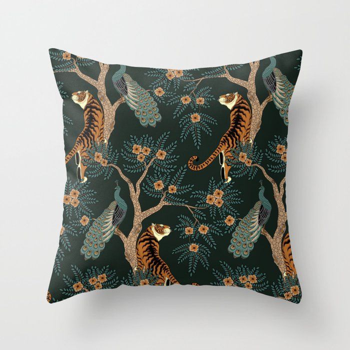 Vintage tiger and peacock Throw Pillow by Julyis added by KH Design Concepts