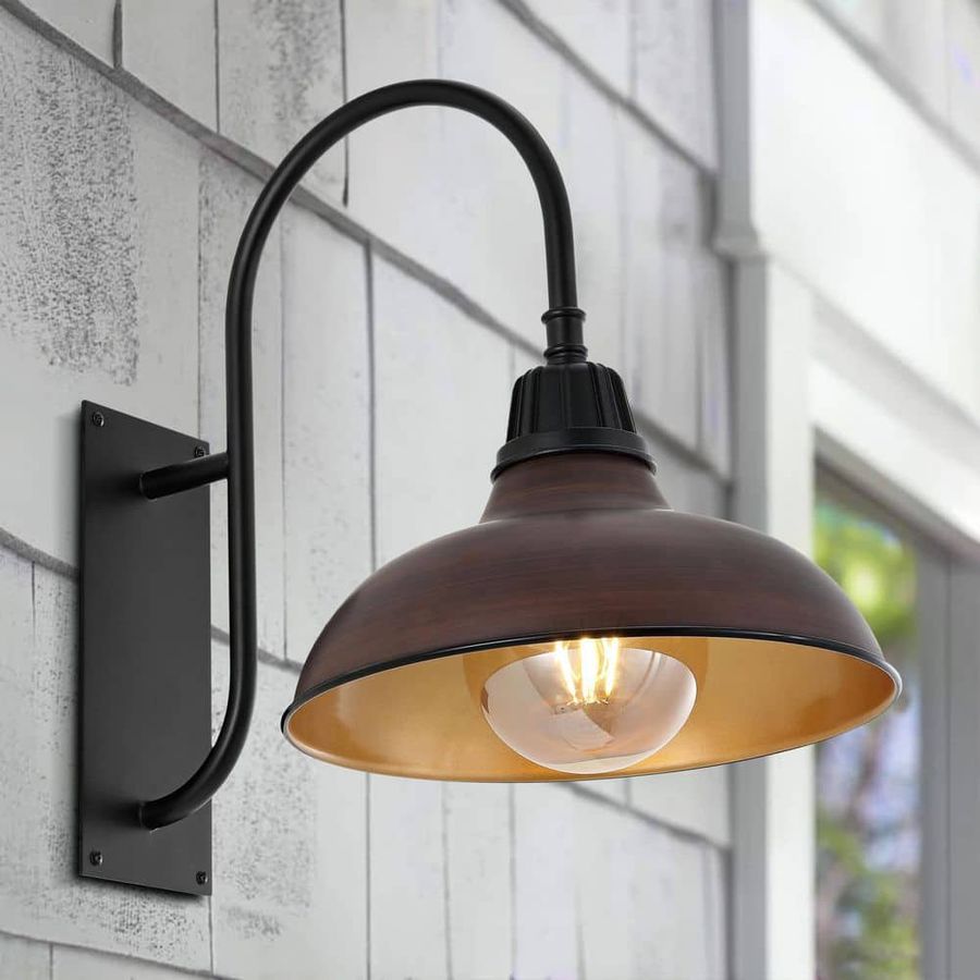 JONATHAN Y Stanley 12.25 in. Wood Finish/Copper 1-Light Farmhouse Industrial Indoor/Outdoor Iron LED Gooseneck Arm Outdoor Sconce JYL7614G - The Home Depot added by Alex Grey