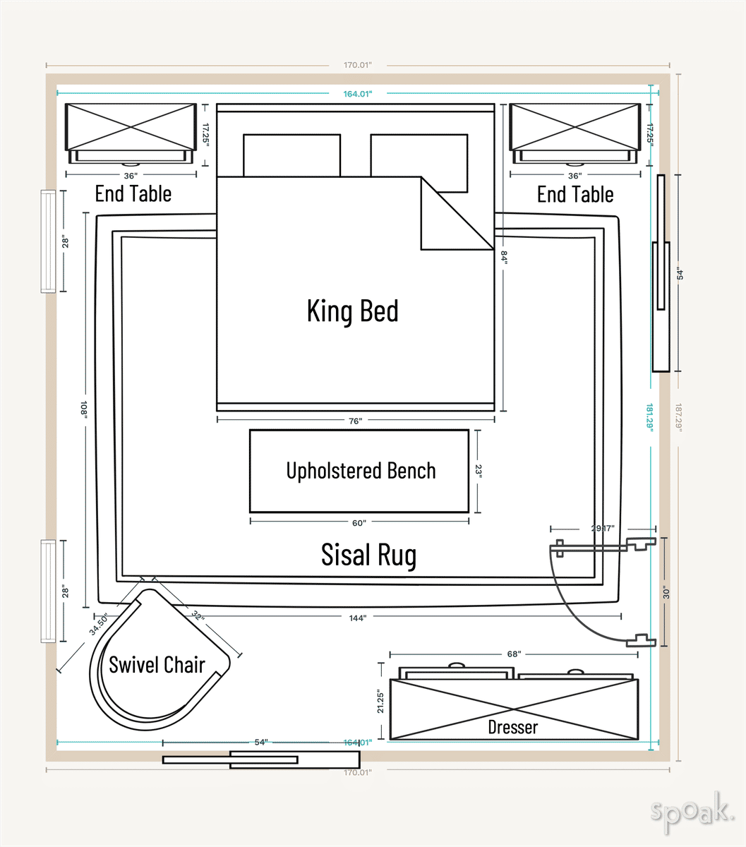 Square Primary Bedroom Plan designed by Stefanie Friedland