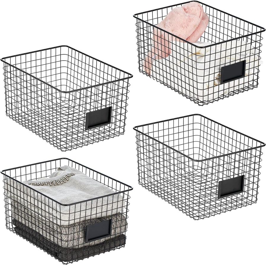 mDesign Large Metal Farmhouse Storage Organizer Bin Baskets with Label Slot for Closet, Cabinet, Cupboard - Wire Organizing Basket Holds Clothing, Linens, Shoes, Omaha Collection, 4 Pack, Matte Black added by Rachel Fedorov