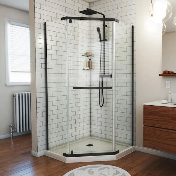 Prism 42 in. W x 74.75 in. H Neo Angle Pivot Semi Frameless Corner Shower Enclosure in Black with Biscuit Shower Base added by Ruthann R