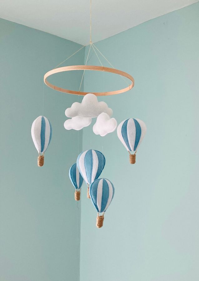 Nursery Mobile Hanger Pastel Hot Air Balloons Blue Grey White - Etsy added by Alicia LaPalombara