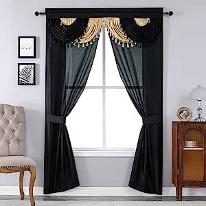 Regal Home Collections Amore Curtains 5-Piece Window Curtain Set - 54-Inch W x 84-Inch L Panels with Attached Valance and 2 Tiebacks - Bedroom Gothic Curtains and Living Room Curtains (Black/Gold) added by Zoe Schiess