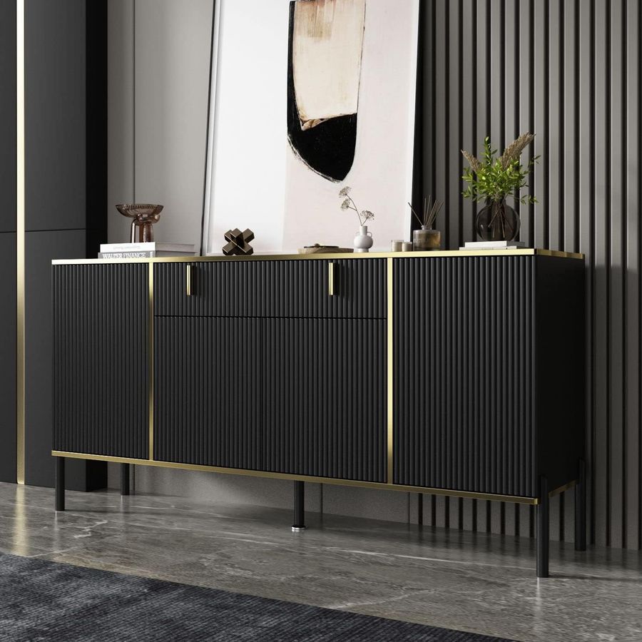 FAMAPY Modern Credenza Sideboard Buffet with Drawer & Pop-Up Doors, Buffet Sideboard Storage Cabinet with Black Metal Legs, for Living Room Hallway Black and Gold (63”W x 15.7”D x 31.5”H) added by Belinda McClendon