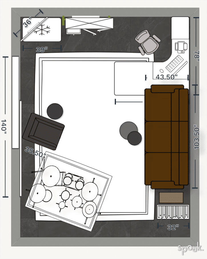 Rectangular open concept kitchen + living room layouts and floor plan