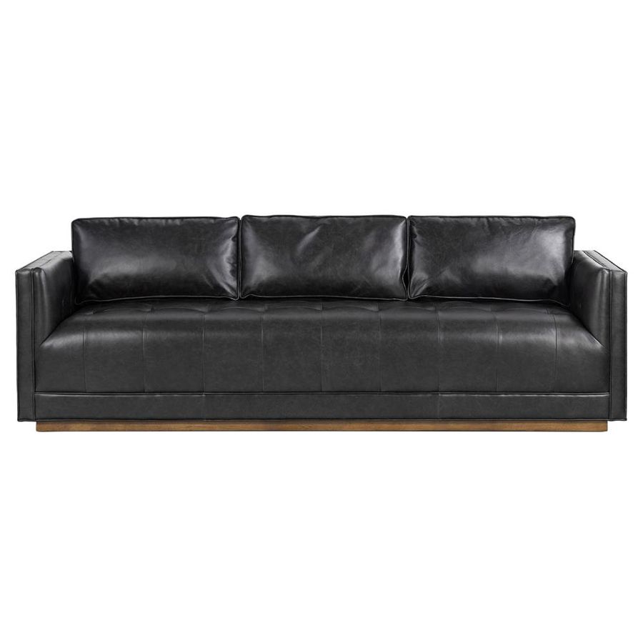 Celeste Rustic Lodge Black Upholstered Leather Brown Wood Tufted Seat Sofa - 90"W added by Selena Marrero