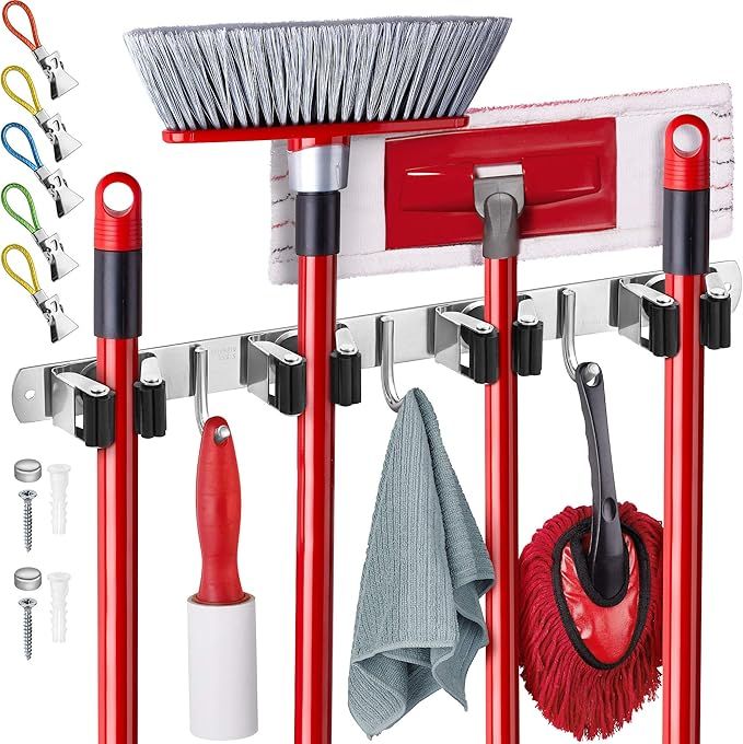 Mop and Broom Holder Wall Mount – Self-Adhesive Stainless Steel broom hanger organizer – 4 Clamps, 3 Hooks, 5 Towel Hanging Clips Mounting Screws – Holds Up to 40 Lbs added by Rachel Fedorov