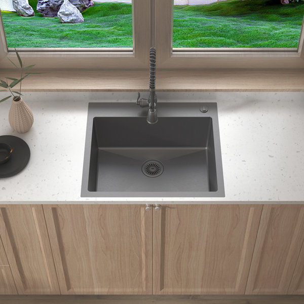 Sinber 25" x 22" Drop In Single Bowl Kitchen Sink with 18 Gauge 304 Stainless Steel Black Finish added by Evie Leigh