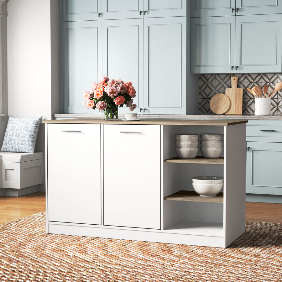 Freeport Park® Ginger 59-inch Wide Kitchen Island with 3 Open Shelves and 2 Cabinets, White & Reviews | Wayfair added by Rachel Fedorov