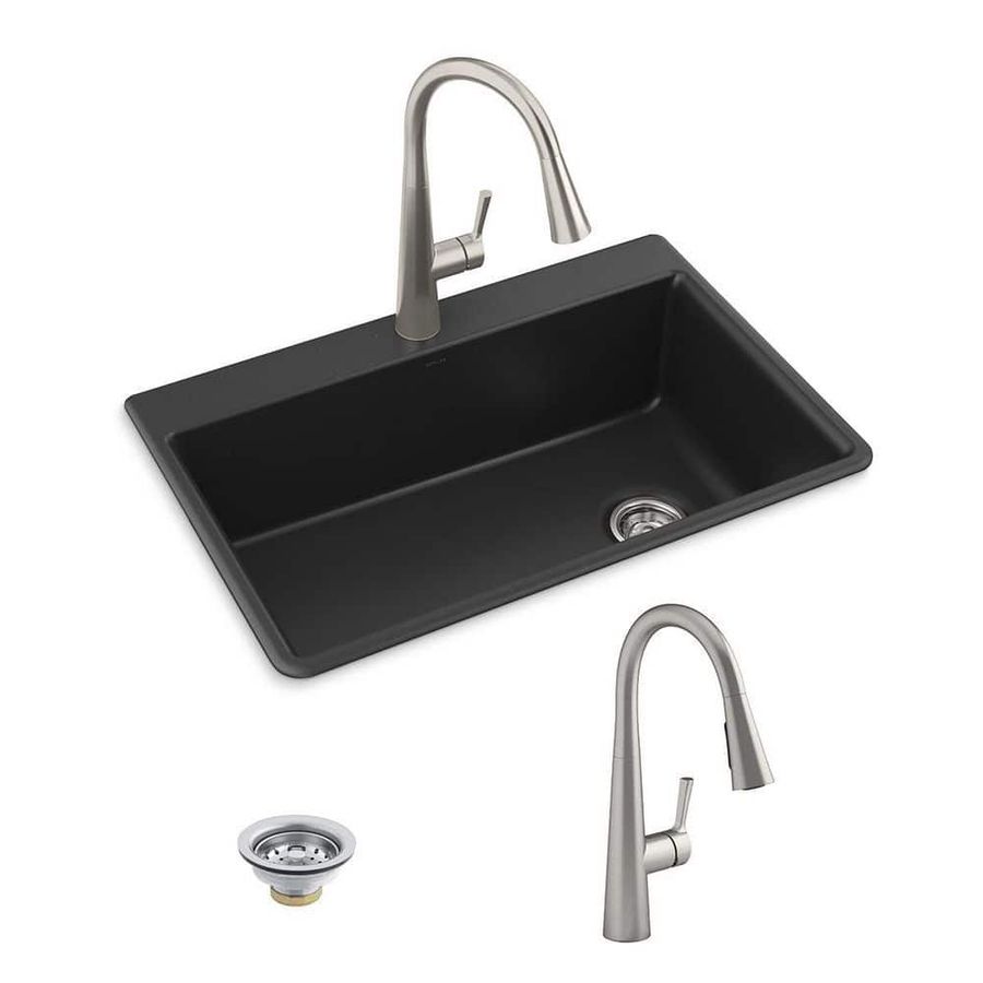 KOHLER Kennon Neoroc Granite Composite 33 in. Single Bowl Drop-In/Undermount Kitchen Sink with Faucet in Matte Black RH8437-1PC-CM1 - The Home Depot added by Jayme Weaver