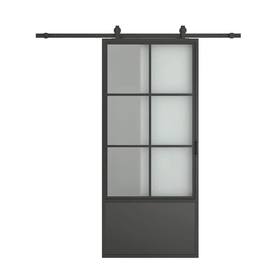 CALHOME 37 in. x 84 in. 3/4 Lites Frosted Glass Black Steel Frame Interior Barn Door with Sliding Hardware Kit and Door Handle TSQ05S-79+GSB-002-Frost - The Home Depot added by Parker Home + Design