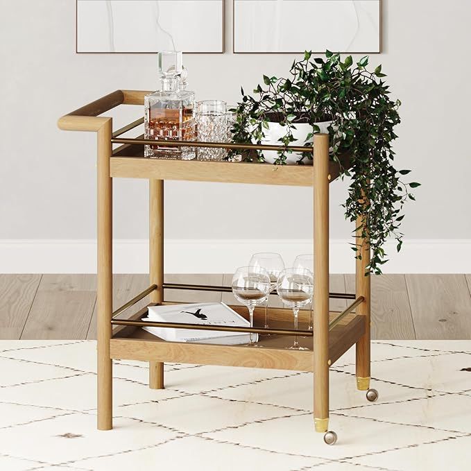 Nathan James Farley Mid Century Modern Bar Cart, Solid Wood Serving Cart with Wheels and Metal Guard Rails, Natural Brown added by Erica Ramon