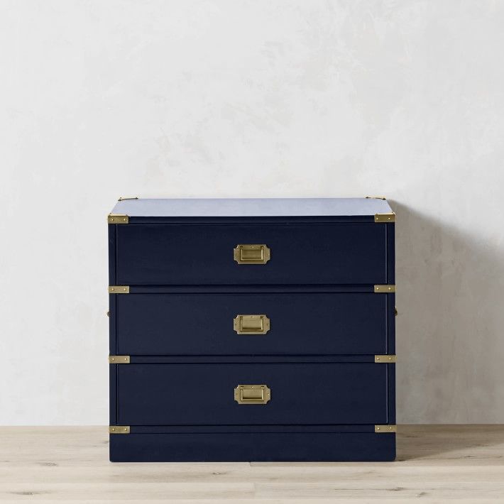 Campaign 3 Drawer Nightstand, Navy Lacquer, Antique Brass, 30" L x 18.75" D x 25.75" H added by Kate Lynn Nemett